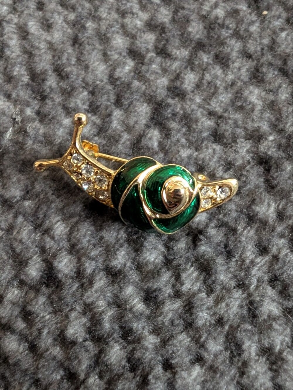 Vintage Dainty Gold Green Enamel Snail Brooch Clear Crystals